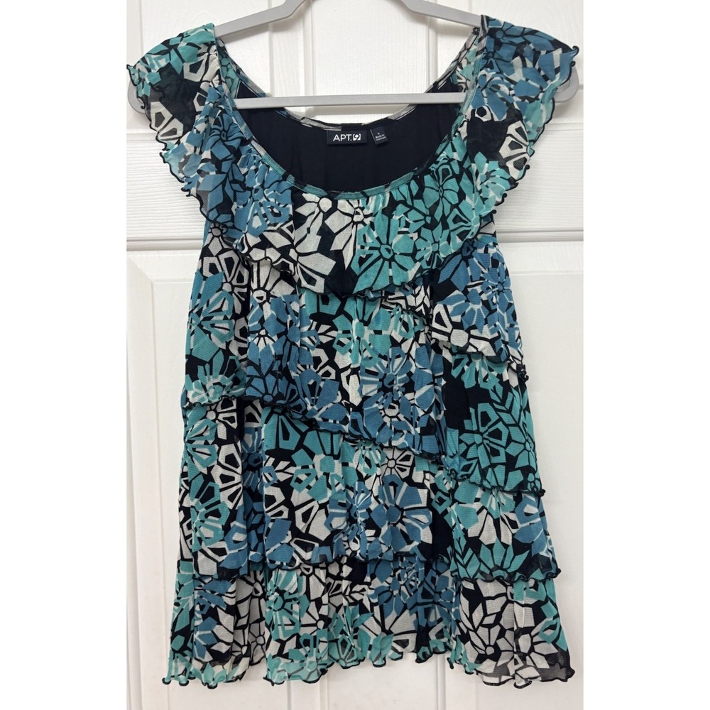 Apt 9 Women L Teal Blue Floral Ruffle Tiered Blouse Mesh Whimsygoth Vintage Y2K